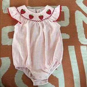 TWO Pink Gingham Baby Romper with Strawberry Embroidery
